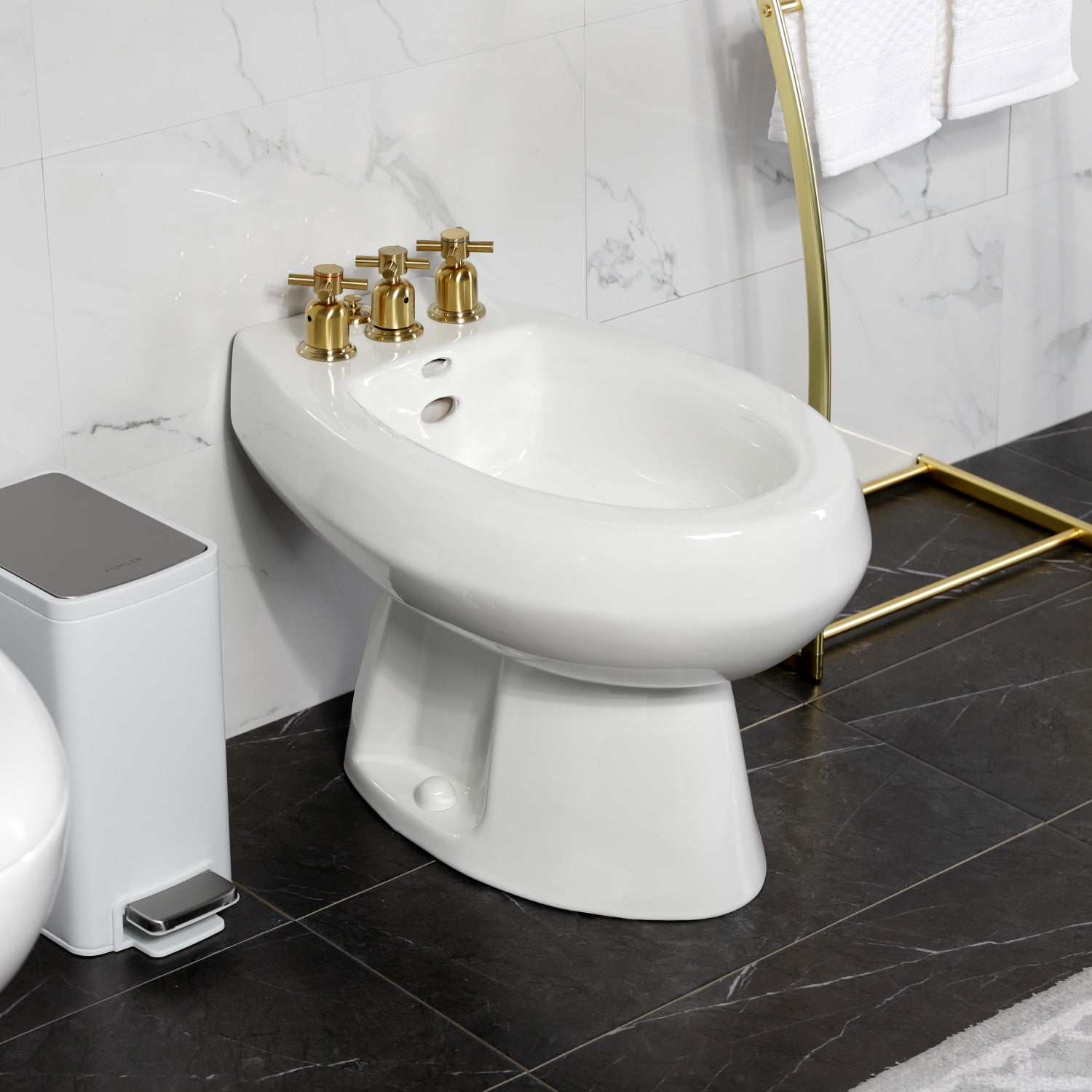 Kingston Sona KB6327DX - Concord Three-Handle Deck Mount Vertical Spray Bidet Faucet with Brass Pop-Up, Brushed Brass — thumbnail 3